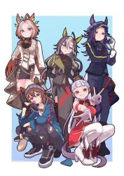 5girls ahoge animal_ears arms_behind_back ascot beanie belt black_ascot black_belt black_coat black_gloves black_hair black_hat black_jacket black_pants black_shoes black_skirt blonde_hair blue_background blue_eyes blunt_bangs boots border bow bowtie brown_hair candy coat dice dice_necklace double_v dream_journey_(umamusume) dress ear_bow ear_covers ears_through_headwear eyewear_strap fenomeno_(umamusume) fingerless_gloves flipped_hair food glasses gloves gold_ship_(umamusume) grey_hair grey_hat hair_between_eyes hair_intakes hand_on_own_hip hat high_heel_boots high_heels highres holding holding_candy holding_food holding_lollipop horse_ears horse_girl horse_tail jacket jewelry lace_sleeves lollipop long_coat long_hair long_sleeves looking_at_viewer multicolored_hair multiple_girls nakayama_festa_(umamusume) necklace orange_hair orfevre_(umamusume) pants pantyhose peaked_cap pillbox_hat purple_bow purple_eyes purple_hair red_bow red_bowtie red_dress red_shirt shirt shoes simple_background single_ear_cover skirt sleeveless sleeveless_dress sneakers standing stay_gold_clan_(umamusume) striped_clothes striped_hat striped_shirt tail twitter_username two-tone_hair umamusume v white_border white_gloves white_hair white_jacket white_pantyhose yada_kamo