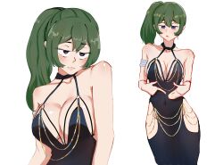 1girl :/ :3 absurdres alternate_costume armlet babywipes black_choker black_dress breasts chain choker collarbone commentary covered_navel cowboy_shot dress english_commentary gold_chain green_hair highres jewelry jitome large_breasts looking_at_viewer looking_down meme_attire modakawa_dress multiple_views purple_eyes side_ponytail side_slit sousou_no_frieren ubel_(sousou_no_frieren) upper_body white_background