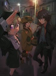 Rule 34 | 1boy, 2girls, absurdres, belt, black coat, black pants, black shoes, black socks, black veil, blonde hair, braided twintails, brown hair, brown shoes, bucket, building, bush, candy, city lights, coat, commentary, cross, cross earrings, cross necklace, earrings, english commentary, fang, fence, fishnet pantyhose, fishnets, food, gloves, grey gloves, grey shirt, habit, hair between eyes, hair over shoulder, halloween, halloween bucket, halloween costume, highres, holding, holding bucket, hood, hoodie, house, jewelry, lamppost, letro, long hair, multiple girls, necklace, night, night sky, orange hoodie, original, outdoors, pants, pantyhose, pink eyes, pumpkin costume, pumpkin hat, purple eyes, radio antenna, red eyes, red lining, road, salute, shadow, shirt, shoes, short hair, sidelocks, sky, skyscraper, socks, standing, street, sweatdrop, teeth, utility pole, vampire costume, veil, wimple, wooden fence