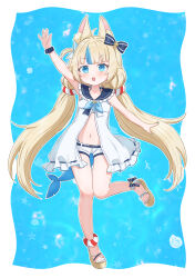 1girl :d absurdres animal_ear_fluff animal_ears arm_up blonde_hair blue_eyes blush bow cat_ears cat_girl full_body hair_bow highres indie_virtual_youtuber long_hair looking_at_viewer multicolored_hair open_mouth sameko_saba smile solo streaked_hair tail twintails virtual_youtuber ying_ying_tong