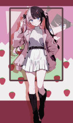 Rule 34 | 1girl, :o, absurdres, apollo chocolate, bag, belt, black belt, blue eyes, blush, boots, bow, breasts, brown boots, brown bow, brown hair, candy, colorful background, commentary, fold-over boots, food, food-themed hair ornament, full body, hair bow, hair ornament, hand in pocket, hand up, handbag, head tilt, highres, holding, holding candy, holding food, iris black games, jacket, knee boots, kurony (sirony), lace-up boots, lapels, long hair, long sleeves, looking at viewer, medium breasts, meiji (brand), miniskirt, multicolored hair, notched lapels, open clothes, open jacket, parted lips, pink background, pink bag, pink bow, pink hair, pink jacket, pleated skirt, raised eyebrows, red background, ribbed sweater, shadow, shoulder bag, skirt, solo, split-color hair, standing, standing on one leg, strawberry background, strawberry hair ornament, sweater, sweater tucked in, tachibana hinano, turtleneck, turtleneck sweater, twintails, two-tone hair, virtual youtuber, vspo!, white background, white skirt, white sweater, zoom layer