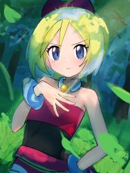 1girl blonde_hair blue_eyes bracelet closed_mouth desi_illust eyelashes falling_leaves hairband hand_up highres irida_(pokemon) jewelry leaf light_blush neck_ring nintendo outdoors pokemon pokemon_legends:_arceus sash shirt short_hair solo strapless strapless_shirt