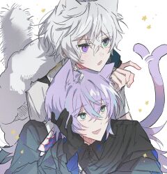 2boys animal_ears black_gloves blue_eyes blue_hair cat_boy cat_ears cat_tail gloves green_eyes heterochromia highres hoshirube_sho jitome kemonomimi_mode kyuhachi long_hair looking_to_the_side male_focus multicolored_hair multiple_boys murakumo_kagetsu nijisanji purple_eyes purple_hair short_hair short_sleeves simple_background smile streaked_hair tail tail_wagging two-tone_hair upper_body virtual_youtuber white_background white_hair