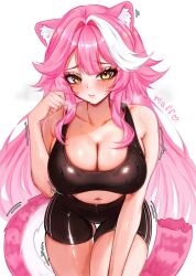 1girl alternate_costume animal_ear_fluff animal_ears bike_shorts black_shorts black_sports_bra breasts cat_ears cat_girl cat_tail cleavage commentary hair_intakes hashtag-only_commentary highres hololive hololive_english large_breasts leaning_forward long_hair looking_at_viewer meowmaffura midriff navel paw_pose pink_hair raised_eyebrows raora_panthera shorts solo sports_bra tail very_long_hair virtual_youtuber yellow_eyes