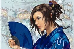 1girl alternate_hairstyle blue_kimono brown_hair flower folding_fan from_side hair_bun hair_flower hair_ornament hand_fan highres holding holding_fan japanese_clothes kawano_takuji kazama_asuka kimono lips looking_down nose official_art short_hair single_hair_bun solo tekken tekken_5 updo
