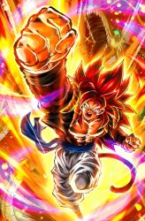 Rule 34 | 1boy, black vest, blue eyes, brown fur, clenched hands, cropped vest, dragon, dragon ball, dragon ball gt, dragon fist (dragon ball), gogeta, highres, long hair, male focus, metamoran vest, no shirt, open mouth, pants, punching, red hair, rz28kp, solo, sparkle, sparkling aura, spiked hair, super saiyan, super saiyan 4, vest, white pants