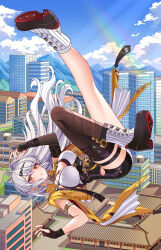1girl ahoge asymmetrical_gloves black_gloves black_shorts black_thighhighs blue_sky boots breasts closed_mouth collar commentary day elbow_gloves feng_shao_kky_(arj0522) fingerless_gloves floating_hair full_body gloves hair_floating_upwards hair_ornament hands_up high-waist_shorts highres jacket large_breasts midair shirt shorts sidelocks single_elbow_glove single_hair_intake single_thighhigh sky solo thigh_strap thighhighs thighs uneven_gloves white_collar white_shirt yellow_eyes yellow_jacket yixuan_(zenless_zone_zero) zenless_zone_zero