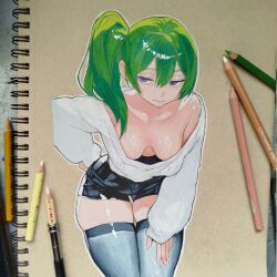 1girl art_tools_in_frame ashwin_artss black_shorts black_thighhighs breasts breasts_apart cleavage closed_mouth collarbone colored_pencil_(medium) feet_out_of_frame green_hair highres leaning_forward long_sleeves looking_to_the_side medium_breasts medium_hair pencil photo_background purple_eyes shiny_skin shirt shorts side_ponytail skindentation solo sousou_no_frieren spiral_notebook thick_thighs thighhighs thighs traditional_media ubel_(sousou_no_frieren) white_shirt zettai_ryouiki