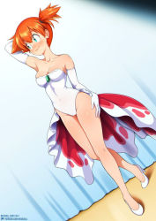 1girl aqua_eyes arm_behind_head arm_up artist_name bare_shoulders blush breasts cameltoe cleavage closed_mouth cosplay covered_navel creatures_(company) crystal curtains dutch_angle elbow_gloves embarrassed female_focus full_body game_freak gen_1_pokemon gloves goldeen goldeen_(cosplay) hair_tie high_heels leotard looking_away looking_to_the_side misty_(pokemon) neocoill nintendo nose_blush orange_hair patreon_logo patreon_username pokemon pokemon_(anime) pokemon_(classic_anime) pokemon_ep043 shiny_skin shoes short_hair shy side_ponytail skindentation smile standing strapless strapless_leotard watermark web_address white_footwear white_gloves white_leotard