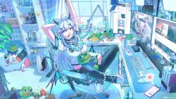 absurdres ahoge ahri_(league_of_legends) book breasts camera can candy computer crossed_legs demon_girl demon_horns demon_tail demon_wings desk food hair_between_eyes hat heart highres horns indie_virtual_youtuber indoors ironmouse k/da_(league_of_legends) k/da_ahri computer_keyboard league_of_legends lollipop long_hair looking_at_viewer macom_m mcdonald&#039;s medium_breasts microphone microphone_stand miniskirt monitor computer_mouse nintendo_switch nyatasha_nyanners pepe_the_frog phone pointy_ears short_sleeves silvervale sitting skirt tail thighhighs tongue tongue_out twitch.tv twitter vei_(vtuber) vei_(vtuber)_(11th_costume) virtual_youtuber vshojo white_hair window wings