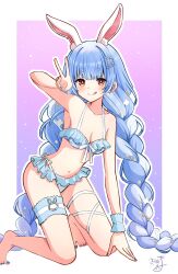 1girl :q animal_ear_fluff animal_ears arm_up bare_shoulders barefoot bikini blue_bikini blue_hair blue_nails blush border braid breasts cleavage closed_mouth collarbone commentary_request frilled_bikini frills hair_ornament hairclip highres hololive kiritoma kneeling long_hair looking_at_viewer multicolored_hair nail_polish navel outline purple_background rabbit-shaped_pupils rabbit_ears red_eyes ribbon-trimmed_bikini ribbon_trim short_eyebrows signature skirt small_breasts solo swimsuit symbol-shaped_pupils thick_eyebrows tongue tongue_out twin_braids twintails two-tone_hair usada_pekora very_long_hair virtual_youtuber white_border white_hair white_outline wrist_cuffs x_hair_ornament