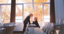 1boy 1girl absurdres autumn blonde_hair classroom day face-to-face highres indoors link looking_at_another medium_hair nintendo pointy_ears princess_zelda school_uniform shadow sunlight the_legend_of_zelda the_legend_of_zelda:_breath_of_the_wild tree tujiu_sama window