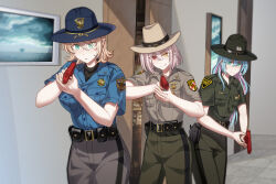3girls :o :q absurdres belt black_belt black_undershirt blonde_hair blue_hair blue_hat blue_shirt bob_cut braid breast_pocket brown_hat buttons campaign_hat chinese_commentary closed_mouth colorado colorado_(warship_girls_r) colorado_state_patrol colored_inner_hair commentary_request conscript96 cowboy_hat green_hat green_pants grey_pants gun handgun hat heterochromia highres indoors maryland maryland_(warship_girls_r) maryland_state_police multicolored_hair multiple_girls paint_gun pants parted_lips patch pink_hair pocket police police_uniform policewoman pouch red_eyes sheriff_badge shirt short_hair short_sleeves smile standing tongue tongue_out two-tone_hair united_states variant_set warship_girls_r weapon west_virginia west_virginia_(warship_girls_r) west_virginia_state_police yellow_eyes