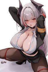 Rule 34 | 1girl, absurdres, admiral zenker (azur lane), admiral zenker (fun with...interrogations?) (azur lane), areola slip, armband, arms behind head, artist name, azur lane, bdsm, black horns, black jacket, black pantyhose, black shoes, black skirt, bondage, bound, breasts, cleavage, e.c.ho, high heels, highres, holding, horns, huge breasts, jacket, large variant set, long hair, looking at viewer, multicolored hair, office lady, official alternate costume, pantyhose, pencil skirt, red eyes, red hair, red streaks, restrained, shirt, shoes, simple background, skirt, solo, spread legs, squatting, streaked hair, teeth, torn clothes, torn pantyhose, two-tone hair, variant set, white hair, white shirt, yellow armband