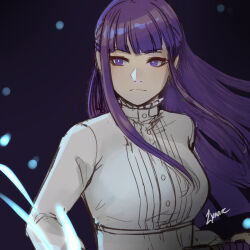 Rule 34 | 1girl, artist name, blunt bangs, expressionless, fern (sousou no frieren), long hair, looking to the side, lynarc, purple eyes, purple hair, solo, sousou no frieren, upper body
