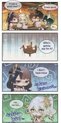 2boys 2girls 4koma :3 antenna_hair bad_id bad_twitter_id braid brown_eyes brown_hair capelet chibi comic dongurikaka english_text flying_sweatdrops food genshin_impact green_capelet green_eyes green_headwear highres low-braided_long_hair low-tied_long_hair multiple_boys multiple_girls nahida_(genshin_impact) open_mouth plate pointy_ears purple_eyes purple_hair raiden_shogun romaji_text side_ponytail speech_bubble sweat table venti_(genshin_impact) white_hair yellow_eyes zhongli_(genshin_impact)