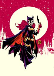 1girl artist_name barbara_gordon batarang batgirl batman_symbol belt black_eyes bodysuit breasts cape cityscape colored_skin commentary dated dc_comics full_moon gloves highres long_hair mask medium_breasts mikemaihack moon night night_sky overexposure pouch red_hair red_skin sky snowing solo superhero_costume symbol-only_commentary thigh_strap utility_belt