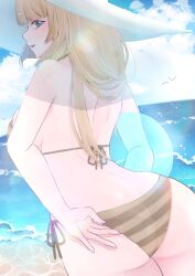 1girl ass bikini bird blonde_hair blue_eyes blue_sky butt_crack cloud emilie_de_rochefort hat hisui_foxy long_hair looking_back namco ocean seagull sky swimsuit tekken water