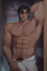 Rule 34 | 1boy, abs, armpit hair, armpits, brown hair, highres, indie virtual youtuber, jigeumgat-igaja (ni yoll), kite hasegawa, male focus, muscular, pubic hair, towel, towel around waist, yellow eyes
