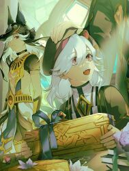3boys aged_down akademiya_uniform ancient_egyptian_clothes animal_ears animal_hat beret black_choker black_headwear black_ribbon blue_ribbon book book_stack bookmark box card child choker commentary_request crop_top cyno_(genshin_impact) dark-skinned_male dark_skin dice dual_persona eyes_visible_through_hair fake_animal_ears flower food gem genius_invokation_tcg genshin_impact gold_trim green_gemstone green_jacket hair_over_one_eye hand_on_another&#039;s_head hat highres indoors jacket light_particles long_hair long_sleeves looking_at_another looking_up multiple_boys one_eye_covered open_clothes open_jacket open_mouth otmmro parted_bangs pelvic_curtain playing_card red_eyes ribbon robe shirt short_sleeves smile stained_glass standing swept_bangs tahchin teeth time_paradox tongue turtleneck usekh_collar white_hair white_shirt wide_sleeves window