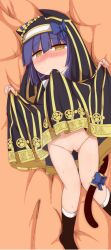 1girl animal_ear_headwear animal_ears bastet_lore black_socks blue_hair blush breath cat_ears cleft_of_venus clothes_lift come_hither embarrassed emil_chronicle_online fake_animal_ears highres loli mouth_hold nose_blush nun on_bed pussy raised_inner_eyebrows senji_jp socks yellow_eyes
