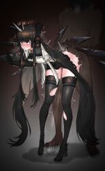 :o absurdres black_eyes black_hair blush crossed_eyes doggystyle female_ejaculation heart high_heels highres long_hair sex sex_from_behind shangdong spanking spanking_ass standing standing_sex thighhighs twitching virtuosa_(arknights)
