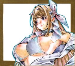 1girl bikini blue_eyes blush border breasts brown_hair closed_mouth collar commentary commentary_typo english_commentary goddess_of_victory:_nikke hair_intakes hair_ribbon heart_collar highres horns lace lace-trimmed_bikini lace_trim large_breasts light_smile lips long_hair marker_(medium) official_alternate_costume open_clothes open_shirt ribbon rodrigo_yoshimiya shirt sideboob simple_background single_off_shoulder solo swimsuit traditional_media upper_body viper_(nikke) viper_(shine_of_love)_(nikke) white_background white_bikini white_ribbon white_shirt