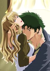 Rule 34 | absurdres, blonde hair, blue eyes, brown eyes, couple, cowboy bebop, curly hair, green hair, highres, hug, julia (cowboy bebop), nekro-comix, spike spiegel
