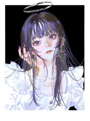 1girl black_background blue_eyes blue_hair blue_nails border commentary dated_commentary dress ear_piercing earrings halo hand_up highres jewelry john_kafka long_hair long_sleeves mole mole_on_neck mole_under_eye nail_polish open_mouth original piercing revision solo upper_body white_border white_dress
