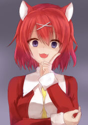 1girl :3 :d amairo_islenauts animal_ears arm_under_breasts blue_eyes breasts clip_studio_paint_(medium) commentary eyes_visible_through_hair fang grey_background hair_between_eyes hair_ornament hand_up highres index_finger_raised jacket jealous large_breasts long_sleeves looking_at_viewer makochan42 masaki_gaillard medium_hair necktie open_clothes open_jacket open_mouth red_hair red_jacket school_uniform shaded_face simple_background sketch smile solo upper_body wolf_ears wolf_girl x_hair_ornament yellow_necktie