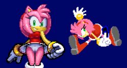 Rule 34 | 1girl, amy rose, animal ears, arm up, bare shoulders, between fingers, blue background, body fur, boots, breasts, cameltoe, card, card between fingers, dress, female focus, full body, gloves, green eyes, grin, hairband, happy, holding, holding card, jumping, knee boots, looking at viewer, medium breasts, multiple views, outstretched arms, panties, pantyshot, pink fur, pink hair, pixel art, red dress, red footwear, red hairband, rockthebull, short dress, short hair, sidelocks, sideways mouth, simple background, sleeveless, sleeveless dress, smile, sonic (series), standing, teeth, thighs, underwear, upskirt, white gloves, white panties