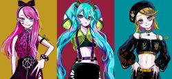 3girls ;q absurdres alternate_costume animal_print aqua_background aqua_hair belt beret black_hat black_pants black_shirt black_skirt blonde_hair blue_eyes bow bow_hairband chest_harness choker closed_mouth colored_eyelashes colored_inner_hair commentary_request eyeshadow facial_mark fake_nails fashion green_eyes green_jacket hair_bow hairband harness hat hatsune_miku heart heart_facial_mark highres jacket kagamine_rin leopard_print lips long_hair makeup mamiya_miya megurine_luka midriff multicolored_hair multiple_girls navel off-shoulder_shirt off_shoulder one_eye_closed pants pink_eyeshadow pink_hair pink_nails pink_shirt purple_hair red_background shirt skirt smile star_(symbol) tongue tongue_out twintails vocaloid yellow_background yellow_belt yellow_nails zipper_pull_tab