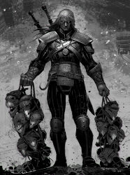 1boy absurdres armor dated geralt_of_rivia gloves glowing glowing_eyes greyscale highres holding_detached_head kalesh_karunakar long_hair monochrome severed_head signature solo standing sword sword_on_back the_witcher_(netflix) the_witcher_(series) weapon weapon_on_back witcher_medallion