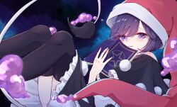 Rule 34 | 1girl, :3, absurdres, arm between legs, bare shoulders, black capelet, black thighhighs, blob, blue eyes, blue hair, book, capelet, closed mouth, commentary request, doremy sweet, dream soul, dress, frilled capelet, frilled dress, frills, fur-tipped tail, hat, highres, holding, holding book, light blush, looking at viewer, mizore arius, night, night sky, nightcap, off-shoulder dress, off shoulder, pom pom (clothes), purple eyes, purple hair, red hat, short hair, sky, solo, swept bangs, tail, thighhighs, touhou, two-tone dress