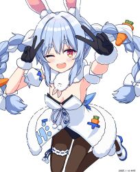 1girl ;d animal_ear_fluff animal_ears arms_up black_leotard blue_hair blush bow braid breasts brown_pantyhose carrot_hair_ornament detached_sleeves don-chan_(usada_pekora) double_v dress food-themed_hair_ornament fur-trimmed_dress fur_trim hair_between_eyes hair_bow hair_ornament highres hololive kaie leotard long_hair looking_at_viewer medium_breasts multicolored_hair one_eye_closed open_mouth pantyhose puffy_short_sleeves puffy_sleeves rabbit-shaped_pupils rabbit_ears red_eyes shoes short_eyebrows short_sleeves simple_background smile solo strapless strapless_dress strapless_leotard symbol-shaped_pupils thick_eyebrows twin_braids twintails two-tone_hair usada_pekora usada_pekora_(1st_costume) v very_long_hair virtual_youtuber white_background white_bow white_dress white_hair white_shoes white_sleeves