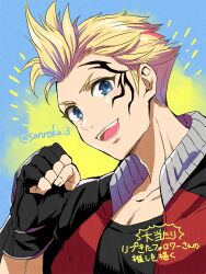 1boy black_gloves black_shirt black_sleeves blonde_hair blue_background blue_eyes clenched_hand facial_tattoo final_fantasy final_fantasy_viii fingerless_gloves gloves jacket looking_at_viewer male_focus open_mouth portrait red_jacket sanroku_3 shirt short_hair sideburns smile solo spiked_hair tattoo twitter_username upper_body zell_dincht