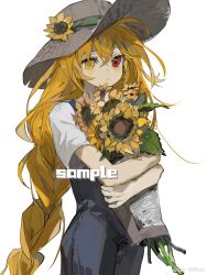 1girl blonde_hair blush bouquet chinese_commentary commentary_request crossed_arms dot_nose flower flower_on_head hair_between_eyes hat heterochromia highres holding holding_flower indie_virtual_youtuber kaofish long_bangs long_braid long_hair looking_at_viewer nihao_bot overalls red_eyes sample_watermark short_sleeves simple_background sunflower upper_body very_long_hair watermark white_background yellow_eyes