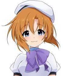1girl :3 beret blue_eyes bow bowtie brown_hair closed_mouth hair_between_eyes hat highres higurashi_no_naku_koro_ni looking_at_viewer parted_bangs poyadevil purple_bow purple_bowtie ryuuguu_rena shirt short_hair short_sleeves sidelocks smile solo upper_body white_hat white_shirt