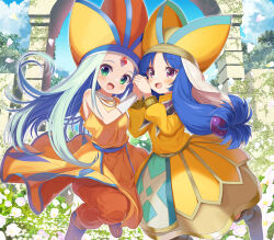 Rule 34 | 1girl, :d, aqua hair, arch, blue hair, blue sky, boots, bracer, brown boots, cloud, commentary request, day, dragon quest, dragon quest monsters: caravan heart, dragon quest vii, dress, dual persona, floating clothes, floating hair, flower, flower request, fosse (dq7), green eyes, hat, highres, holding hands, jewelry, long hair, looking at viewer, looking to the side, low-tied long hair, mitre, naox, necklace, official alternate design, open mouth, orange robe, outdoors, petals, pink flower, pink petals, purple eyes, robe, sky, smile, tree, veil, white flower, white petals, yellow dress