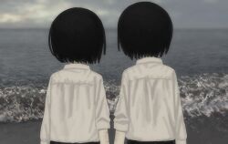 2boys beach black_hair facing_away from_behind male_focus multiple_boys ocean original outdoors self-harm_scar shirt short_hair upper_body utututuna water white_shirt