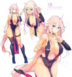 1girl absurdres ahoge armpits artist_name black_shoes black_thighhighs blue_eyes breasts character_name cleavage closed_mouth cropped_legs dress eyebrows_hidden_by_hair finger_to_mouth full_body groin hair_between_eyes heart high_heels highres ia_(vocaloid) large_breasts leaning_forward lips long_hair looking_at_viewer nail_polish navel open_mouth pink_hair pointing pointing_at_viewer purple_dress shoes shushing simple_background smile songjiangcc thigh_strap thighhighs twintails uneven_twintails v very_long_hair vocaloid