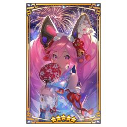1girl bare_shoulders blue_hair blue_kimono breasts cleo_(dragalia_lost) cleo_(yukata)_(dragalia_lost) detached_sleeves dragalia_lost fireworks gradient_hair hand_fan japanese_clothes kimono large_breasts long_hair looking_at_viewer multicolored_hair official_art pink_eyes pink_hair solo third-party_source yuuhi_homare