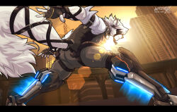 1boy animal_ears artist_name ass black_gloves claws colored_tips commentary dated english_commentary eyepatch fingerless_gloves furry furry_male gloves grey_pants grey_vest highres ligoniblack male_focus multicolored_hair pants prosthesis prosthetic_leg shirt signature tail vest von_lycaon white_shirt wolf_boy wolf_ears wolf_tail zenless_zone_zero