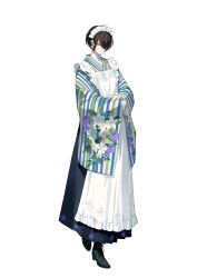 Rule 34 | 1boy, absurdres, apron, black boots, black hair, black skirt, blue kimono, boots, boys be maid!, closed mouth, crossdressing, crossdressing (mtf), daisy (flower), dress shirt, expressionless, floral print, floral print kimono, flower, forget-me-not (flower), frilled apron, frills, full body, green kimono, hair flower, hair ornament, hair over one eye, highres, himeutsugi rei, japanese clothes, kimono, kimono skirt, lace-up boots, lily print, long skirt, long sleeves, looking at viewer, maid, maid apron, maid headdress, male focus, male maid, multicolored kimono, official art, own hands together, print kimono, purple eyes, purple kimono, second-party source, shirt, short hair, sideways glance, skirt, solo, standing, striped clothes, striped kimono, tachi-e, transparent background, ugonba (howatoro), vertical-striped clothes, vertical-striped kimono, wa maid, white apron, white flower, white kimono, wide sleeves