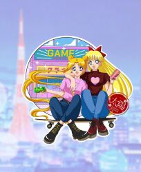 aino_minako bishoujo_senshi_sailor_moon blonde_hair blue_eyes bow breasts can crossed_legs drink_can family happy heart highres long_hair medium_breasts mother_and_child mother_and_daughter open_mouth pants pink_heart red_bow short_sleeves sitting skateboard smile soda_can sol_lennon tsukino_usagi twintails