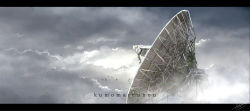 Rule 34 | aki (aki k6), bird, cloud, cloudy sky, day, flock, grey sky, highres, letterboxed, no humans, original, outdoors, radio telescope, ruins, scenery, signature, sky