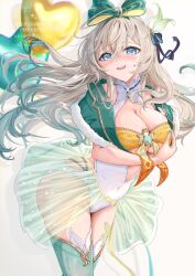 Rule 34 | 1girl, absurdres, alternate costume, balloon, blue eyes, blush, bow, bow hairband, breasts, colored tips, covered navel, cowboy shot, firefly (honkai: star rail), green bow, green hair, green thighhighs, grey hair, hairband, heart balloon, highres, honkai: star rail, honkai (series), large breasts, leotard, minausa, multicolored hair, nervous smile, parted lips, see-through clothes, see-through skirt, skindentation, skirt, smile, solo, strapless, thighhighs, tube top, white leotard, yellow tube top