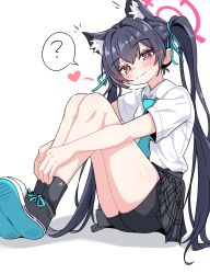 1girl ? absurdres animal_ear_fluff animal_ears bike_shorts bike_shorts_under_skirt black_hair black_shorts black_skirt black_socks blue_archive blue_necktie breasts cat_ears cat_girl chilong_(heronas) commentary_request extra_ears halo highres knees_up korean_commentary long_hair looking_at_viewer miniskirt necktie pink_halo plaid_clothes plaid_skirt pleated_skirt red_eyes serika_(blue_archive) shirt shoe_soles short_shorts shorts skirt small_breasts socks solo speech_bubble spoken_question_mark twintails very_long_hair white_background white_shirt