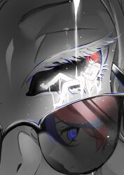 3boys aotsuki_eito black_streaks blue_eyes close-up dual_persona eye_socket eyelashes glowing_clothes grey_hair highres hood hoodie jacket jiu65757 looking_at_viewer male_focus mini_person miniboy multicolored_hair multiple_boys red_hair reflective_eyewear short_hair streaked_hair sumino_takumi sunglasses the_hundred_line_-last_defense_academy-