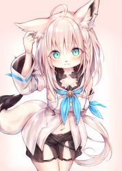 1girl :3 absurdres ahoge animal_ears animal_nose arm_up black_fur black_shorts blue_neckerchief blush body_fur braid breasts closed_mouth cowboy_shot detached_sleeves fox_ears fox_girl fox_tail front_slit furrification furry furry_female green_eyes highres hololive hood hoodie long_hair long_sleeves looking_at_viewer navel neckerchief pentagram shirakami_fubuki shirakami_fubuki_(1st_costume) shorts single_braid solo standing sukemyon tail two-tone_fur virtual_youtuber white_fur white_hair white_hoodie